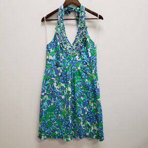 Lilly Pulitzer Womens Lillian Halter Dress Size 10 Blue Green Ruffle Floral